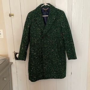 J.Crew Italian Tweed Daphne Coat. Main color is green.